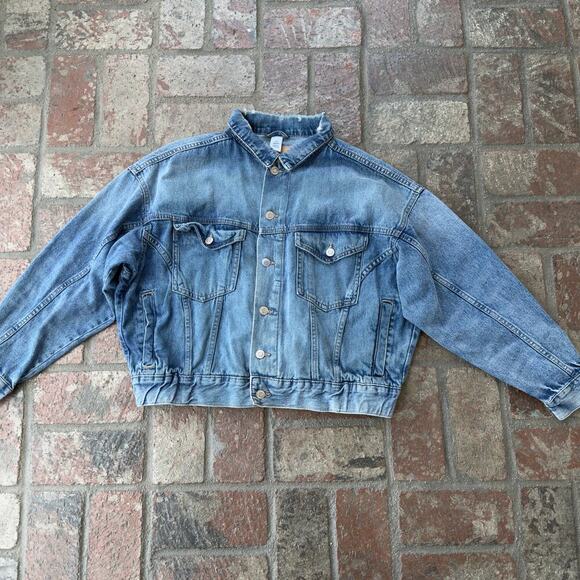 H&M & Denim Jacket Cropped Blue Size M 90s Pockets Elastic Waist - Picture 2 of 9